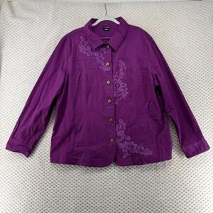 Trilogy by Morning Sun Womens Embroidered Purple‎ Button Front Jacket 2X